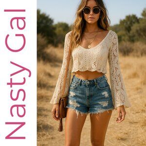 NASTY GAL VINTAGE Y2K CROCHET LACE CROP TOP‎ IVORY BOHO COQUETTE FAIRY, XS